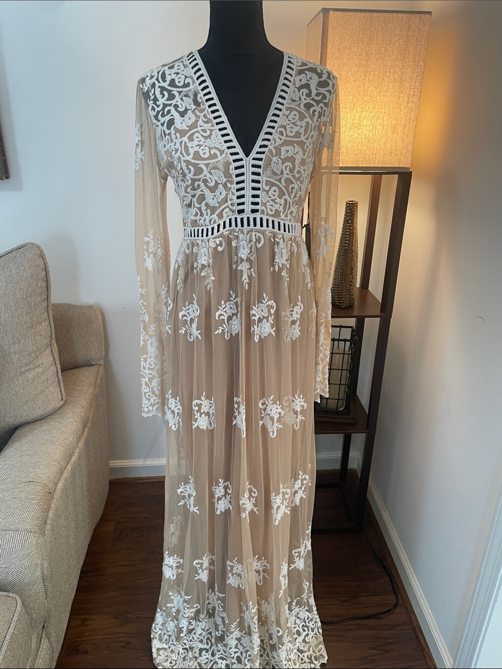 Forever 21 Nude Maxi Dress with White Floral Lace